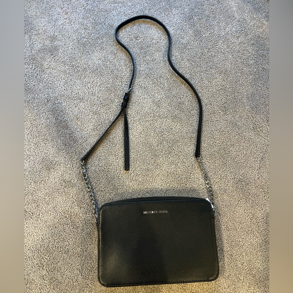 Michael Kors Black Leather Crossbody with Silver Chain